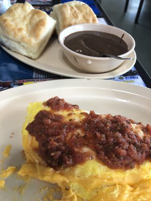 Cheese omelette with salsa. Biscuits and Chocolate Gravy.