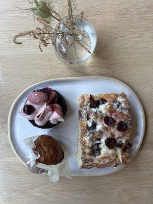 Sourdough muffin, peanut butter chocolate cake, cherry & cream cheese focaccia