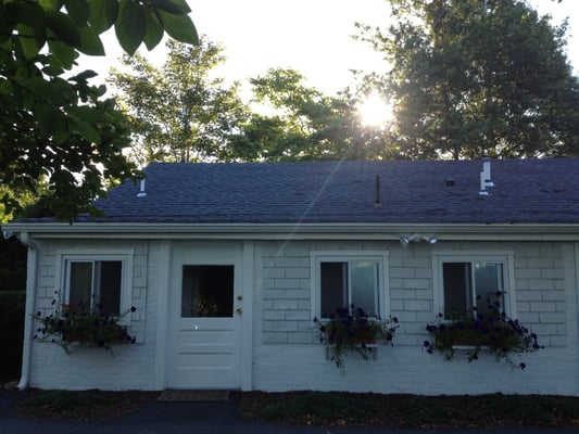 Entrance of the back cottage at sunrise.