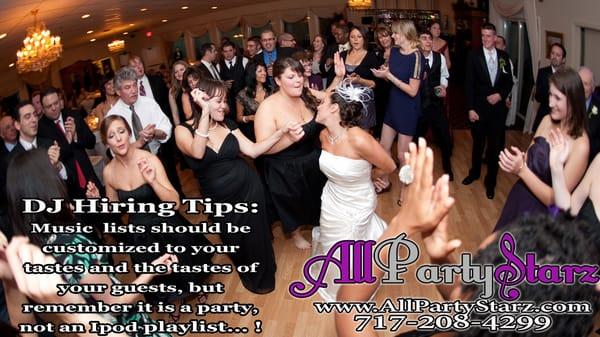 DJ Hiring Tips: Music lists should be customized to tastes of you and your guests, but remember it's a party, not your IPOD playlist!