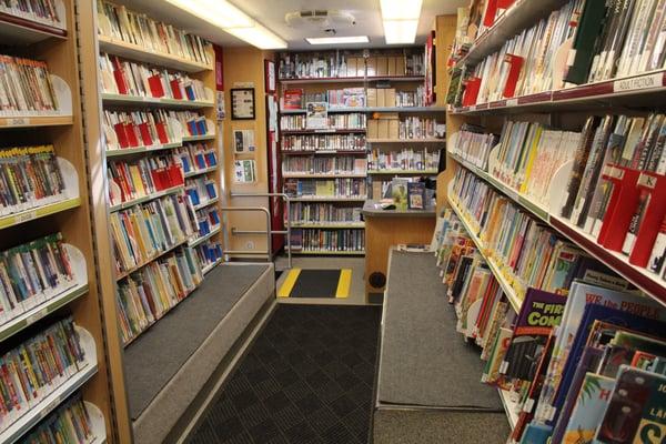 Interior of bookmobile. Highest circulation of bookmobiles in MN. handicapped accessible and has a wheel chair lift.