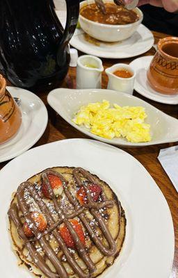 Menudo (large), Nutella with strawberries pancake & scrambled eggs, & cafe de olla all around!