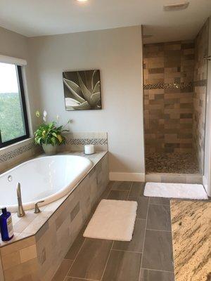 master bath with oversized walk-in shower and soaking tub