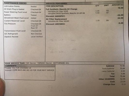 My receipt with the maintenance checks and services