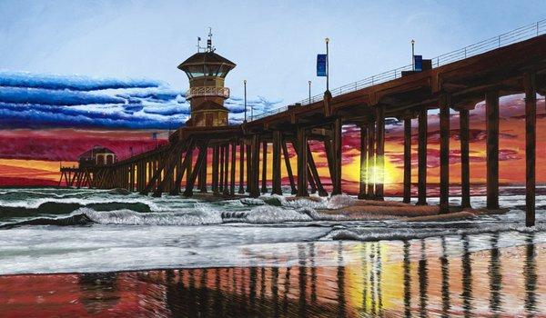 Dramatic Oil Painting of the Huntington Beach Pier at sunset, oil painting by Chris Meredith.