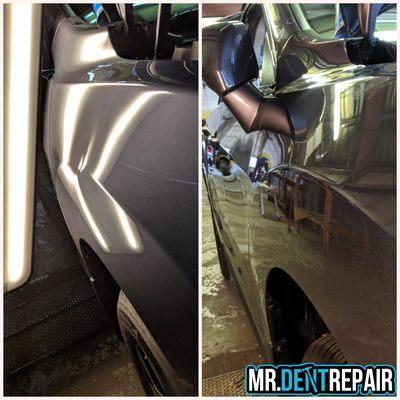 Front fender body line dent before and after repair.