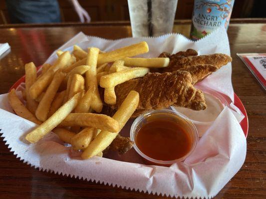 Chicken strips and fries with buffalo and ranch