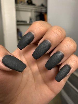 Space grey matte coffin shaped dip powder on natural nails done by Kathy!