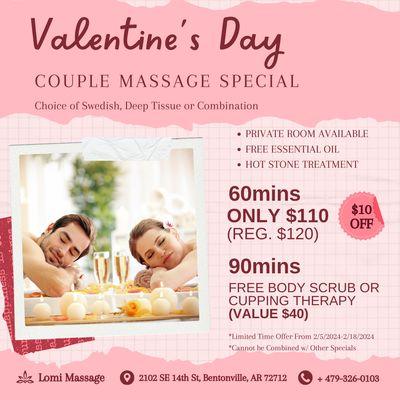 Valentine's Day Couple Massage Special
*Limited Time Offer From 2/5/2024-2/18/2024
*Cannot be Combined w/ Other Specials