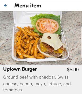 Uptown burger image from Grubhub. False advertisement.