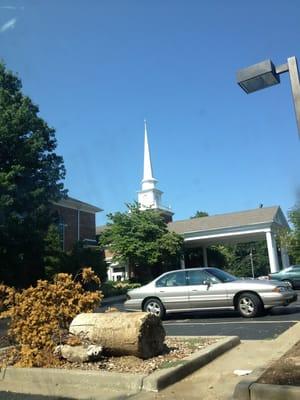 The steeple of the church.