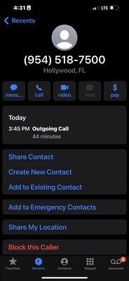 Showing the call time of over 44 minutes