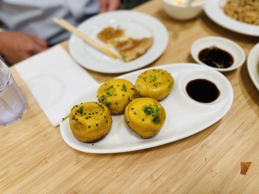 Pan fried soup dumplings with crab