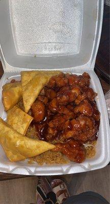 general tsos all day special with pork fried rice and fried cheese wontons