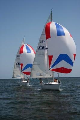 Our Basic Keelboats sailing down wind in a class.