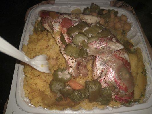 Steam fish , yellow rice , chickpeas and potatoes, and pumpkin $20