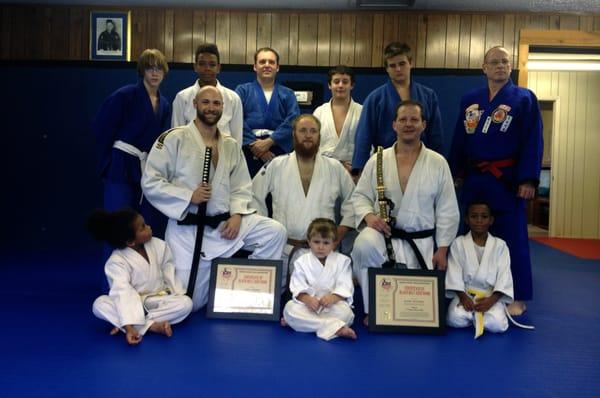 Sensei Aaron receiving his Judo Shodan, 1st deg. BB, and Sensei Chris receiving his Nidan, 2nd deg. BB. Under Sensei Ron Chapman