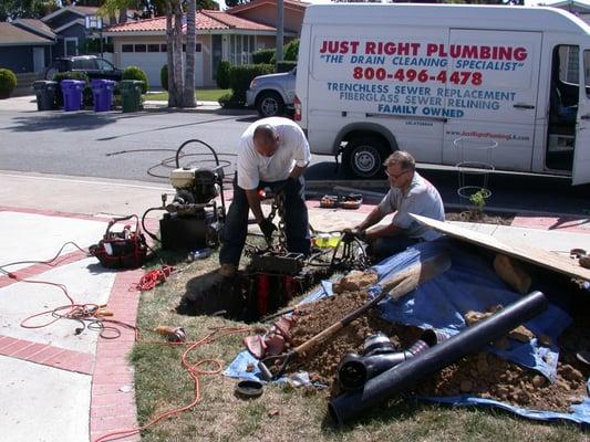 John and Miguel 
Trenchless sewer pull from bottom of house through garage and driveway and  out to the lawn