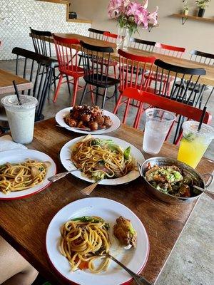 Orange tofu. Mixed veggie lo mein. Chicken wings.