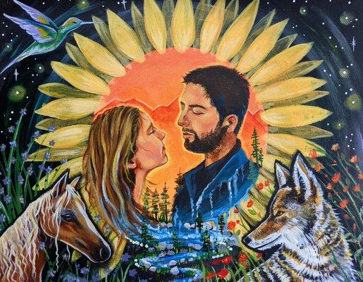 Lover's Essence Portrait- A hand painted piece of a couple surrounded by their passions, spirit animals, and symbols that relate to them.