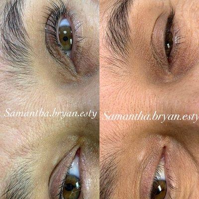 Our Esthetician Samantha's before and after photos of an eyelash Lift . The result Came our AMAZING!!