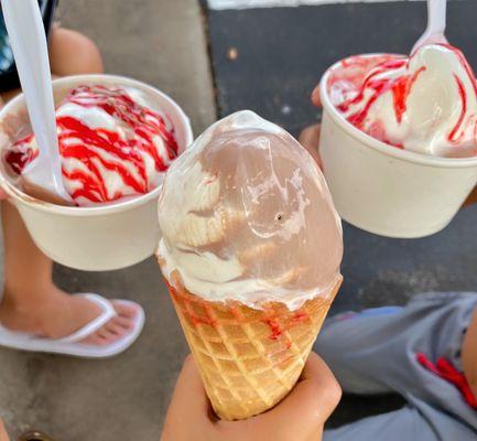 Two small cups with strawberry syrup, one waffle cone (too big!). All for $10 (not including tax or tip). Yum!