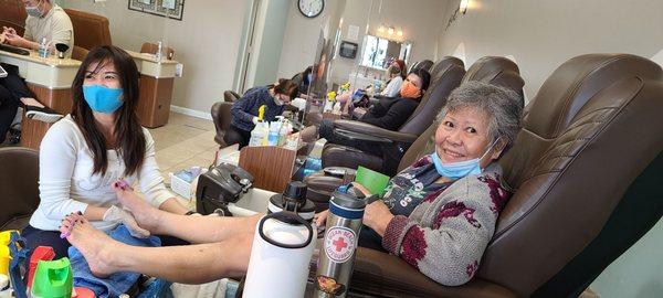 This is my mom getting pampered by Tammy. My mom only had her mark down to smile for a photo. Tammy takes great care of my mom!