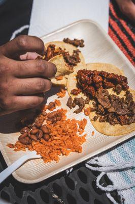 Rice and Beans with Carne Asada + Al Pastor Tacos.