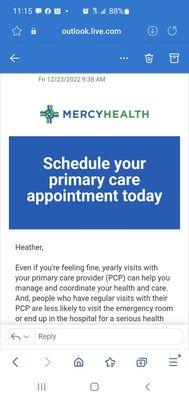 Email from Mercy Health.