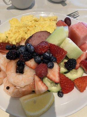 Mother's Day Brunch- Shrimp cocktail, assorted fruit, eggs, sausage.