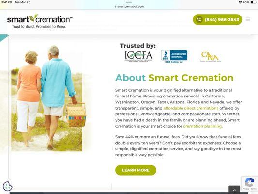 Smart Cremation home page.