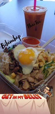 Bibimbap and thai tea for about $11