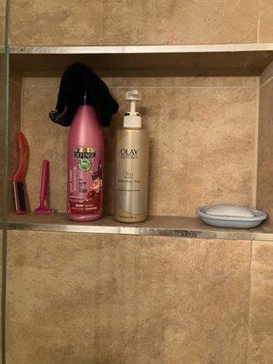 Master Bathroom Shower Alcove- when showering, the bottles fall down due to an uneven shelf.