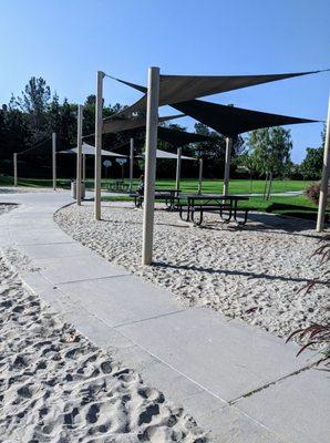 Shaded picnic tables