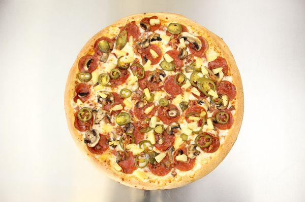 The Santa Ana- Pepperoni Bacon Mushroom Pineapple Jalapeno