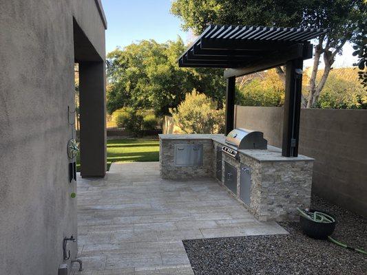 Complete Backyard Remodel with Travertine Pavers, Custom BBQ and Alumawood Pergola, Shade Structure