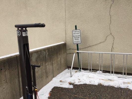 Bike kindness!  Repair station.  Bike locks available at the library while visiting the library.