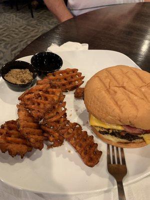 Bacon cheeseburger and waffle waffle fries.