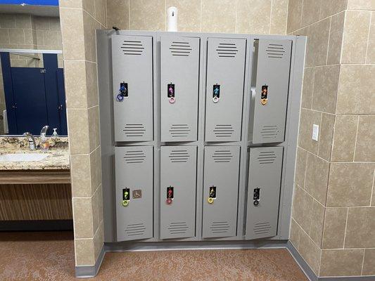 Each restroom also is equipped with lockers.