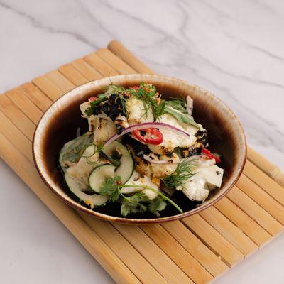 Chargrilled Cauliflower, Red Onion, Cucumber, Leaf Lettuce, Herbs, Tamarind Dressing.