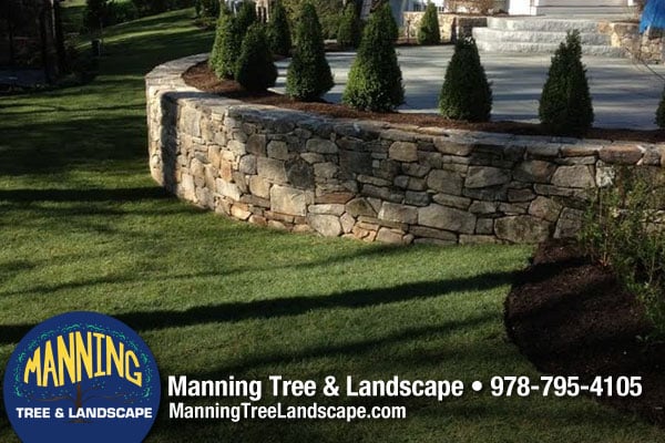 Retaining Wall, Tree Planting, Sod Installation and Bluestone Patio in MA