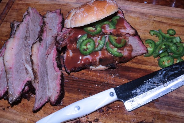 Smoked brisket sandwich with jalapeños