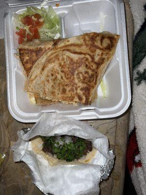 Quesadilla and barbacoa taco