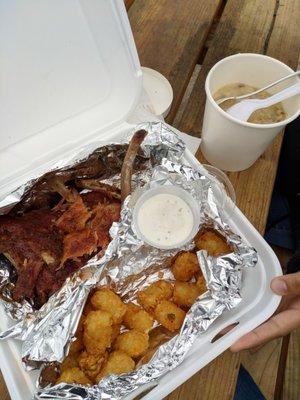 Half rack of ribs with tots ($12), small clam chowder ($6)