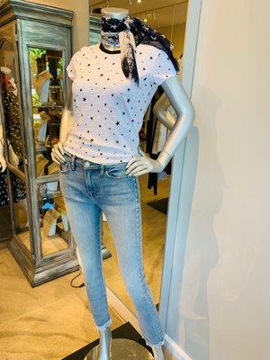 Goldie Tees Galaxy Ringer Tee, Etienne Marcel Skinny Silver Studded Denim Jeans;
 Blue Pacific Neck Scarf