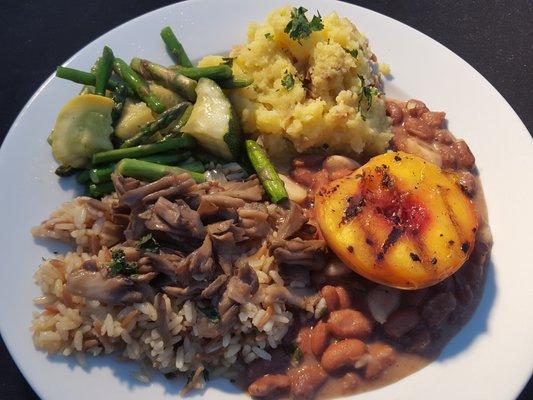 Grilled Peach with seasoned cranberry beans with sauteed mushrooms and Yukon gold garlic smashed potatoes