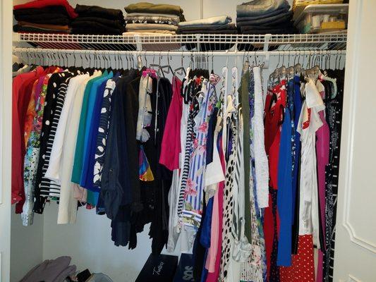 Apartment living has its limitations so this closet is now a joy to open and get dressed. I have to continue to clean up the lower part.