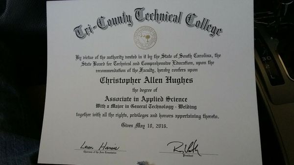 Welding Diploma From Tri-County Tech