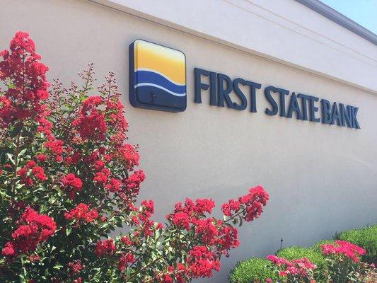 First State Bank exterior during summer