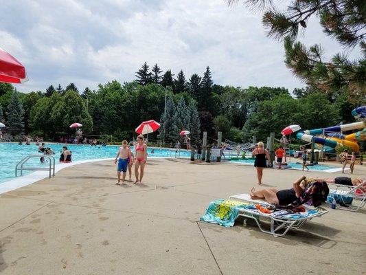 Big kids area features lily pads and logs to climb across, a big water slide for tubes and another for just bodies.